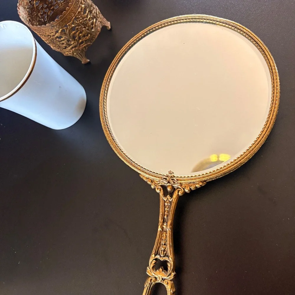 Antique vanity set trinkets case hand mirror‎ brush cup 4 pc amber glass